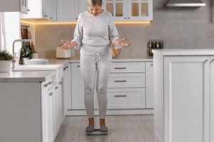 A woman standing on a scale struggling with menopause weight gain